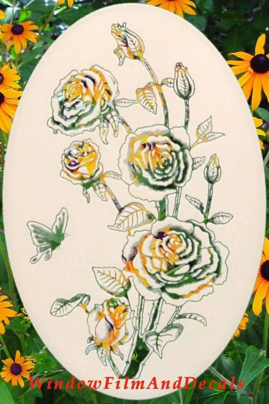 Roses Etched Window Decal Vinyl Glass Cling - 15" X 23" - White W/Clear Design