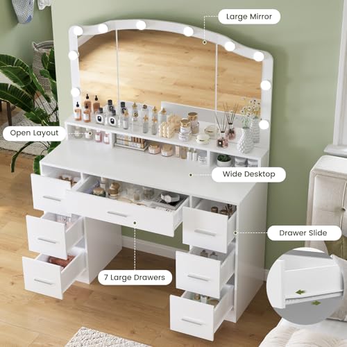 Vanity Desk with Lighted Mirror, 7 Drawers, 3 Lighting Colors, White X572