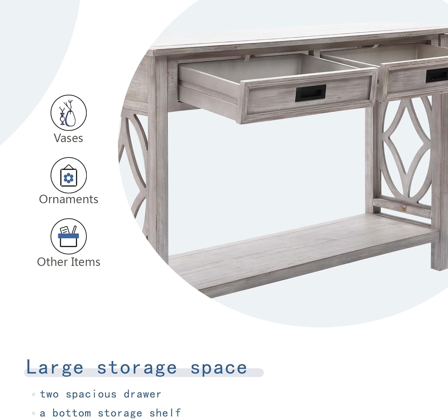 Whitewashed Console Table with Drawers and Storage Shelf J40224