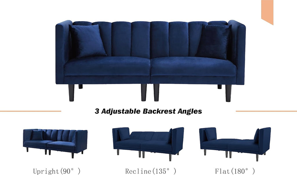 Tufted Split Back Futon Bed, Velvet Convertible Loveseat Sleeper, Navy Blue R338079