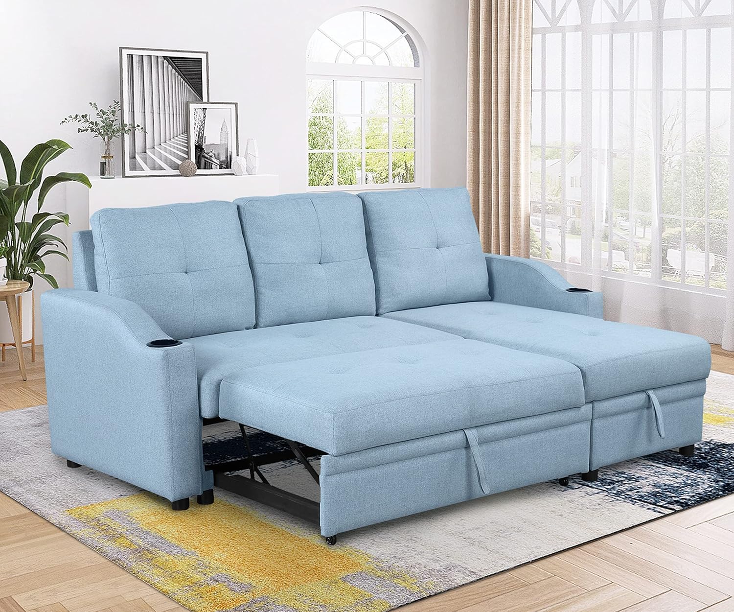 80.3" L-Shape Convertible Sleeper Sofa with Pull-Out Bed, Storage Chaise and 2 Cup Holders, Linen Fabric 3 Seater Upholstered Reversible Couch for Small Spaces Living Room, Blue