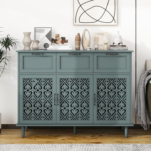 Sideboard Buffet Cabinet with Storage - Accent Storage Cabinet American Furniture, Modern 2 Door 3 Drawer Cabinet, Farmhouse Wood Credenza for Living Room, Bedroom, Dining Room (Blue)