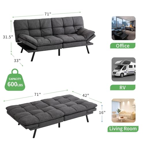 Futon Sofa Bed with Memory Foam, Convertible Sleeper for Small Spaces, Grey T7192