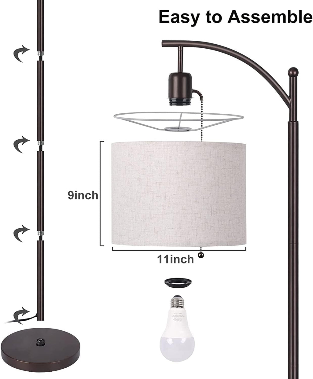 Arc Floor Lamp for Living Room, Bedroom, Office with 3-Mode LED Bulb D2082