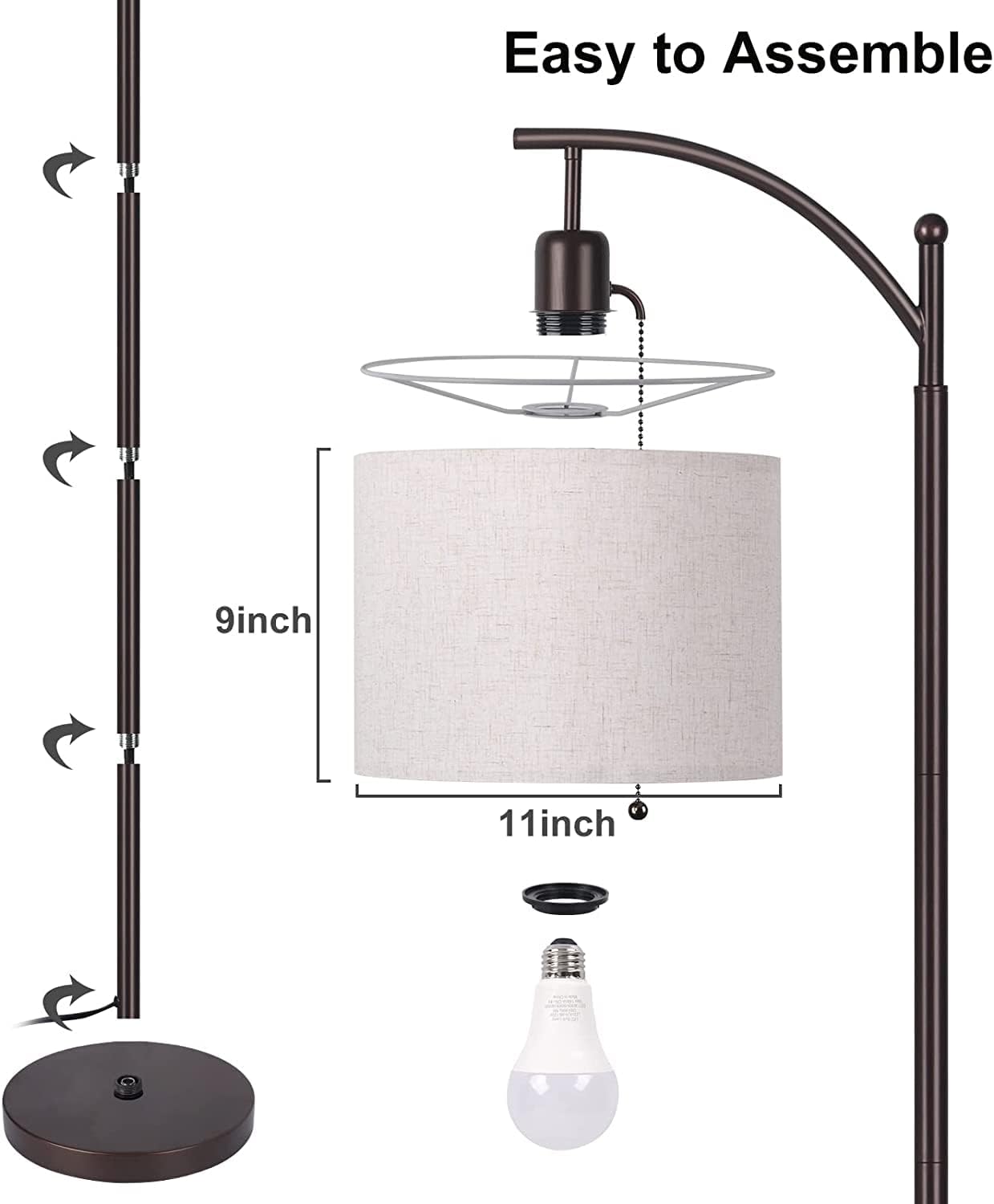 Arc Floor Lamp for Living Room, Bedroom, Office with 3-Mode LED Bulb D2082