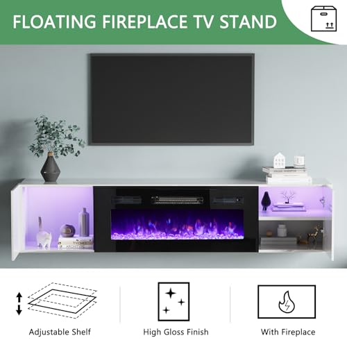 High Gloss TV Stand with Electric Fireplace and Glass Door Bookcases P6943