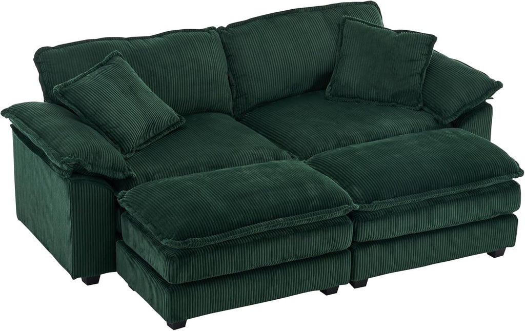 Oversized Convertible Sleeper Sofa Indoor, Deep Seat Chaise Lounge Chair, 2 Layer Thicken Upholstered Sleeper Sofa with Ottoman & Pillows, 84.6" W Loveseat Sofa for Living Room (Green)