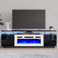 AMERLIFE Fireplace TV Stand with 40" Fireplace, 80" Modern High Gloss Fireplace Entertainment Center LED Lights, 2 Tier TV Console Cabinet for TVs Up to 90", Black & White