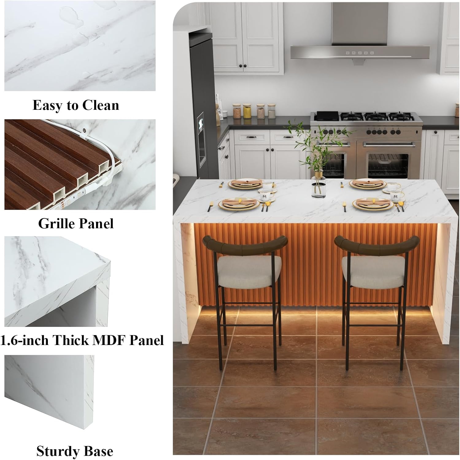 63" Marble Dining Table for 4-6 People with LED Lights T639