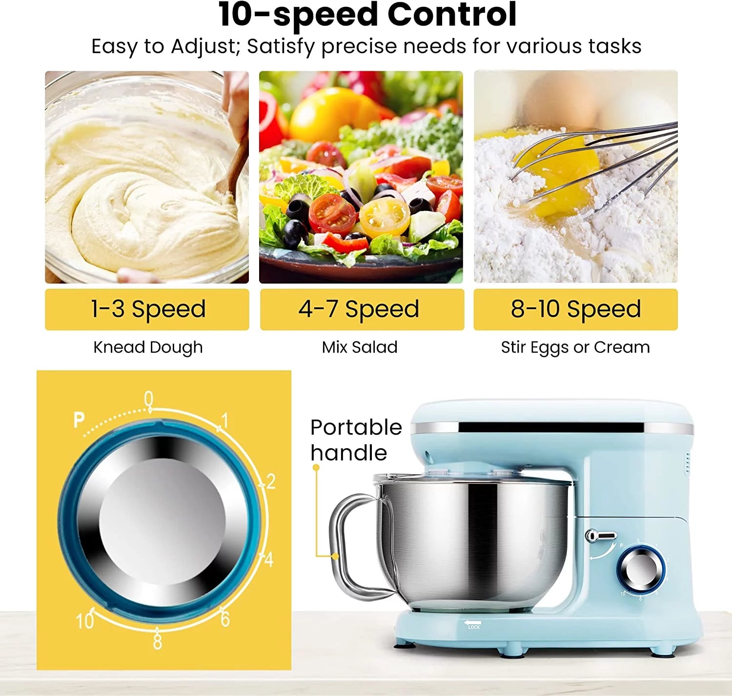 Stand Mixer, 660W 10 Speed 6 Quart Tilt-Head Electric Food Mixer with Beater, Dough Hook, Wire Whip E769