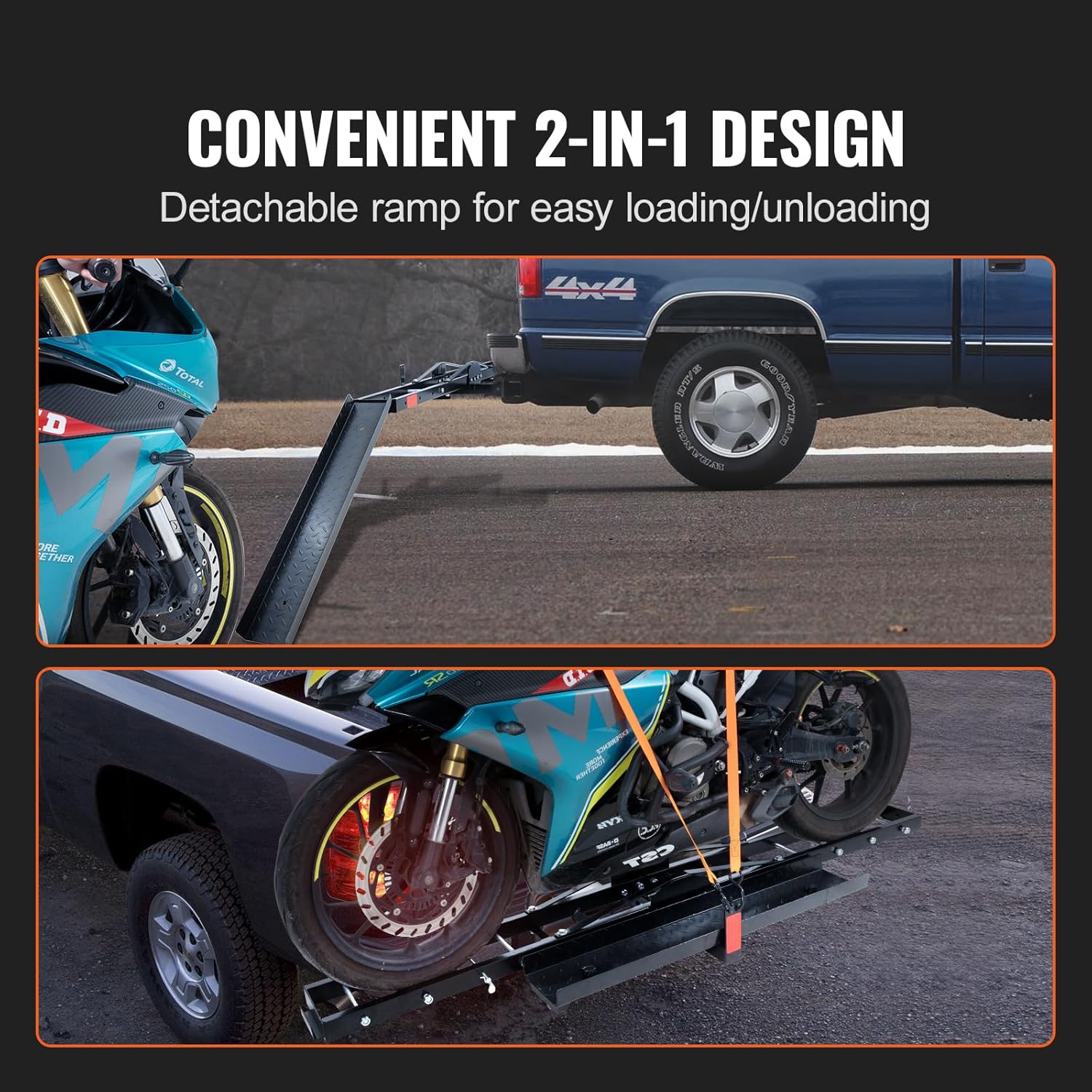 Motorcycle Carrier Hitch Mount with Loading Ramp, 600 LBS Capacity Y1449