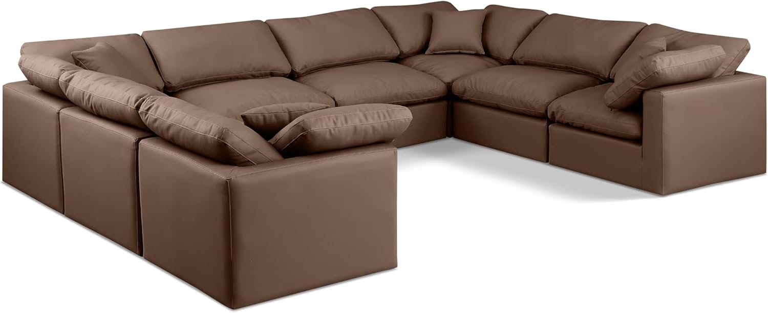 Meridian Furniture Indulge Collection Modern | Contemporary Sectional with Soft Durable Vegan Leather, Fiber-Filled Cushions, Modular, 140" W x 105" D x 32" H, Brown