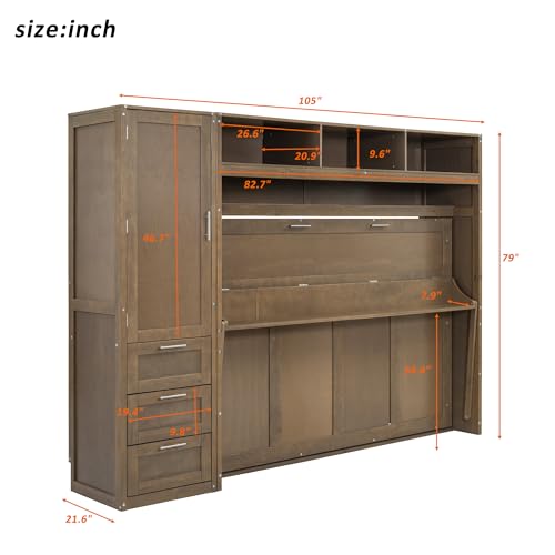 Murphy Bed with Wardrobe, Solid Wood Wall Bed with Drawers and Shelves M422945