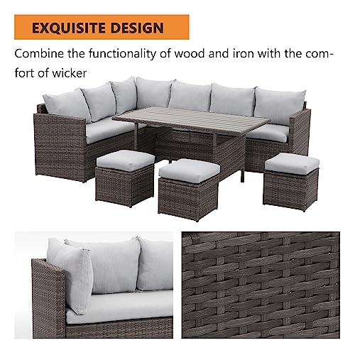 7 Piece Outdoor Patio Furniture Set with PE Rattan Sectional Sofa and Dining Table, Blue A447
