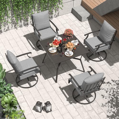 Patio Dining Set 7 Pieces for 6,Outdoor Metal Furniture Conversation Set w/2 Swivel Chairs and Longboard Metal Dining Table with Umbrella Hole for Backyard,Garden,Poolside,Sand