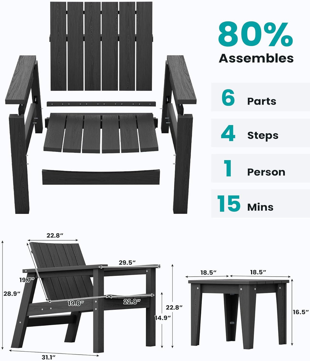 3 Piece Patio Bistro Set with Side Table, 2 Adirondack Chairs and 1 Table O534039