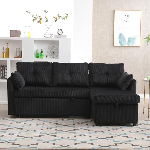 L-Shaped Sectional Sofa Bed with Storage Chaise, Corduroy, Beige Q244