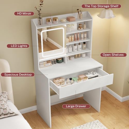 Small Vanity Desk with Lighted Sliding Mirror and Storage M906036