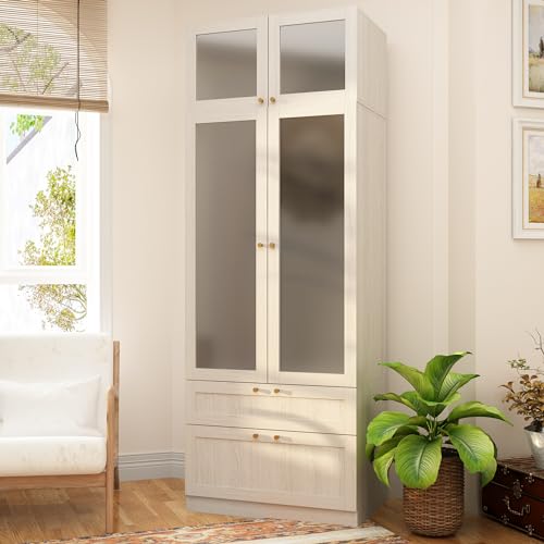 Hitow Large Wardrobe Cabinet, Wooden Armoire Closet with Frosted Glass Doors, Bedroom Wardrobe with 2 Drawer & Hanging Rod for Storage Organize, Wood Grain (63" W x 19.7" D x 70.9" H)