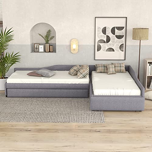 Upholstered Twin Daybed with Trundle and Drawer, Gray Y3451