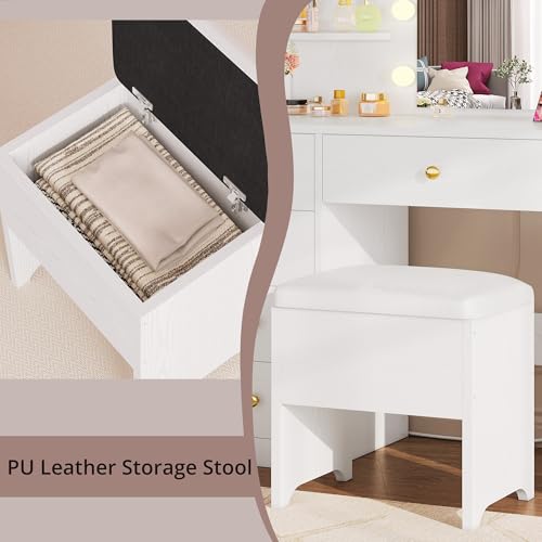 Vanity Desk with Mirror and Lights, 5 Drawers, Power Outlet, Stool C1758