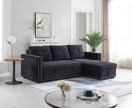 JULYFOX Black Sectional Sofa with Storage Chaise, Mid Century Modern Reversible L-Shaped Sleeper Sectional Sofa Bed Button Tufted Copper Nail Head Trim 90 inch Wide for Living Room Office