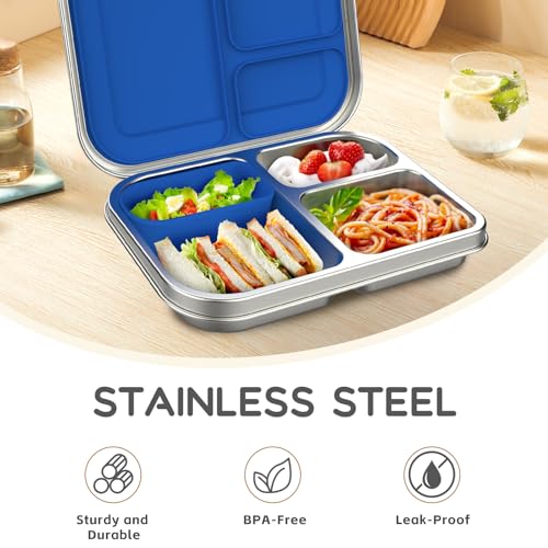 Stainless Steel Kids Bento Lunch Box, 3 Compartments, BPA-Free, Blue B157