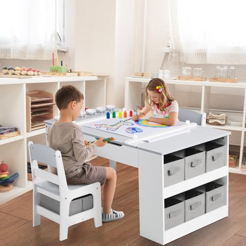 Kids Art Table & Easel Chair Set, 3 in 1 Wood Activity Table with Storage N8178