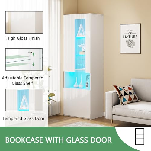High Gloss TV Stand with Electric Fireplace and Glass Door Bookcases P6943
