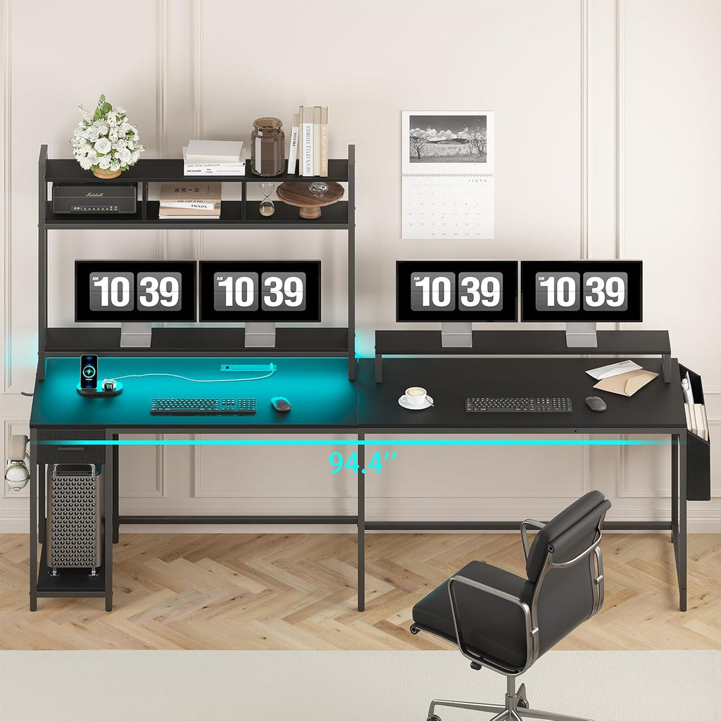 L Shaped Gaming Desk with Monitor Shelf and Power Outlets Q696200