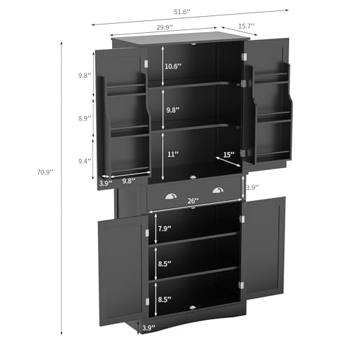 Kitchen Pantry Cabinet with 4 Doors and 1 Drawer, Tall Storage Cabinet with Adjustable Shelves A2129