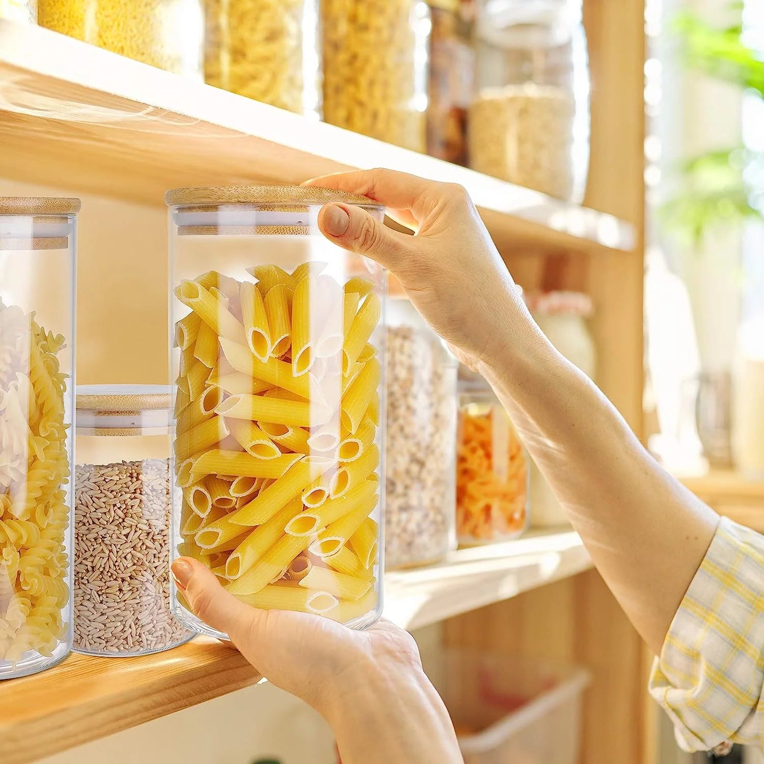 Set of 6 Airtight Glass Storage Jars with Bamboo Lids S4257