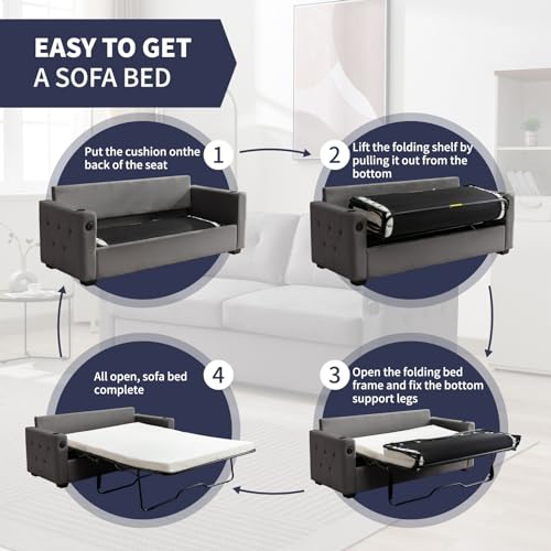 Pull Out Sofa Bed with Memory Foam Mattress, Queen, Beige R96687