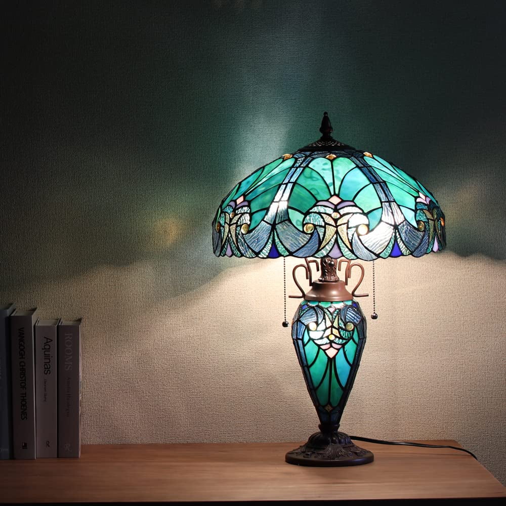 Handmade Stained Glass Table Lamp, 16" Wide, Sea Green Victorian Style W96750