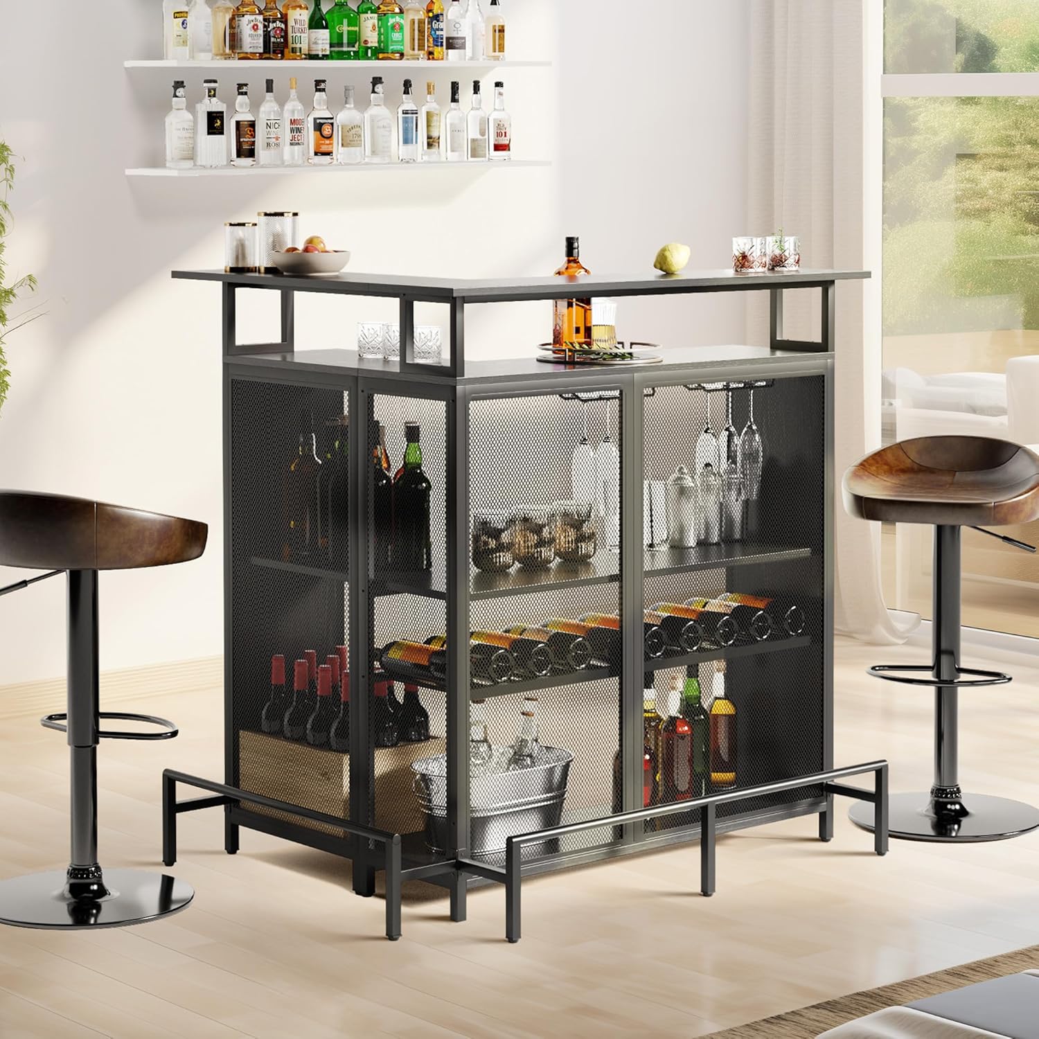 L Shaped Mini Home Bar Unit with Music Sensing LED Light and Wine Rack Y696994