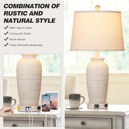 Rustic Bedside Table Lamps Set of 2, Touch Control with USB & AC Outlet V3485