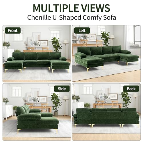 U-Shaped Sectional Couch for Living Room, 110 in Chenille 4 Seater with Double Chaises and Metal Legs T71007