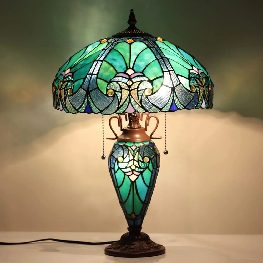 Vinplus Tiffany Table Lamp Night Light 16" Wide Handmade Stained Glass Lamp Shade 3 Light Sea Green Victorian Style Vintage Table Lamp