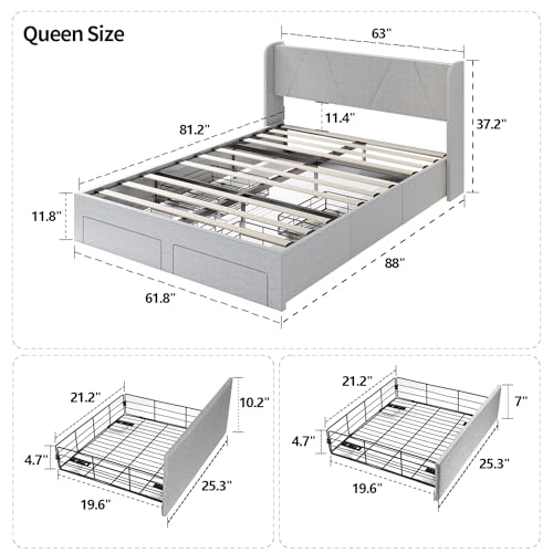 Queen Bed Frame with Storage Headboard and 4 Drawers, LED Upholstered, No Box Spring Needed O38039