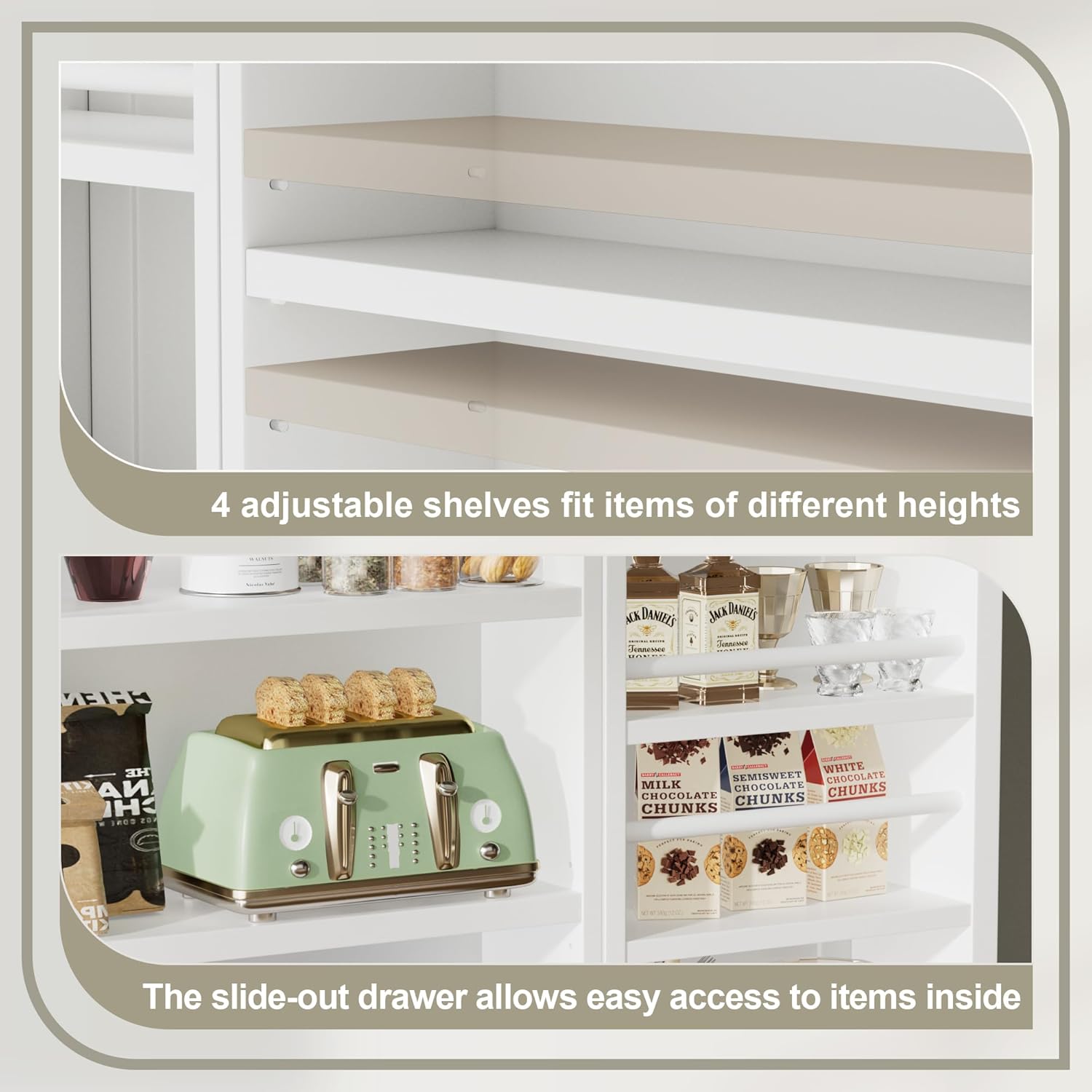 Kitchen Pantry Storage Cabinet with Doors and Adjustable Shelves, White I4469