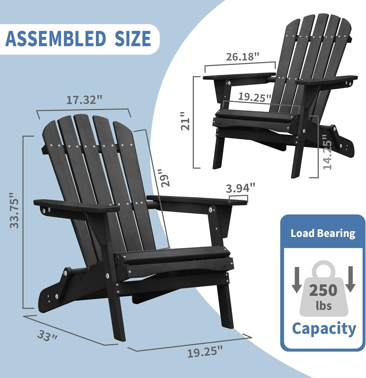Outdoor Folding Wood Adirondack Chair for Patio, Porch, Garden, and Pool C4843