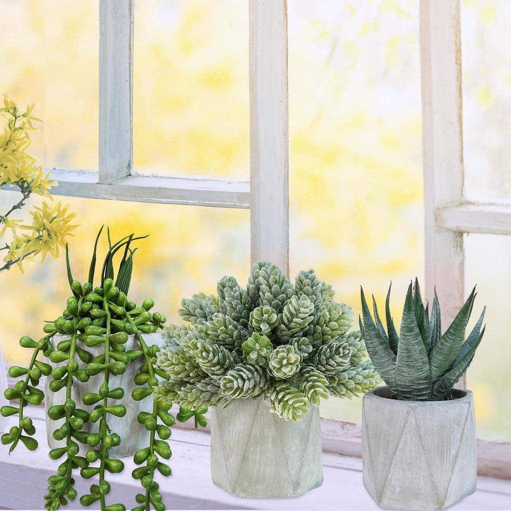 Set of 3 Mini Artificial Succulent Plants in Gray Hexagon Ceramic Pots X1692