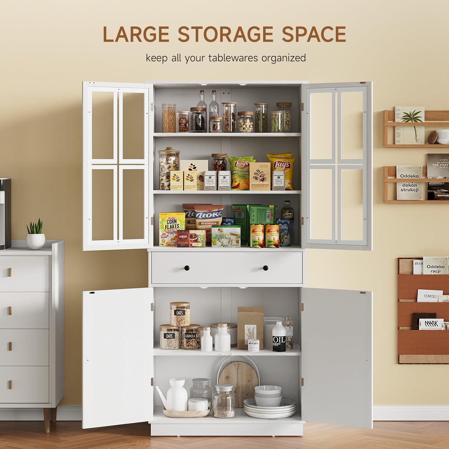 Tall Pantry Cabinet with Glass Doors and Drawer, Freestanding Storage Cupboard, White T455479