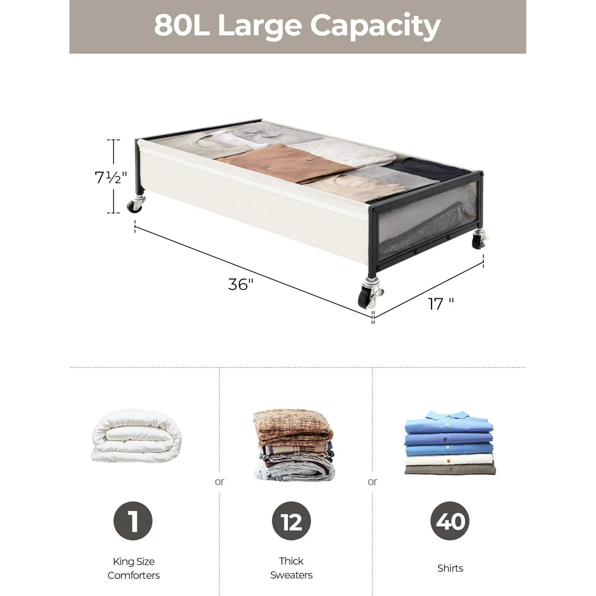 Under Bed Storage with Wheels, 2-Pack Metal Containers, 80L Y595