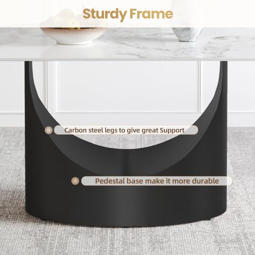 63" White Marble Sintered Stone Top Rectangular Dining Table with U-Shape Black Carbon Steel Pedestal C59820