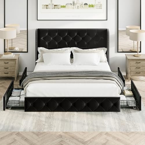 King Size Bed Frame with Storage Drawers and Tufted Headboard Q349