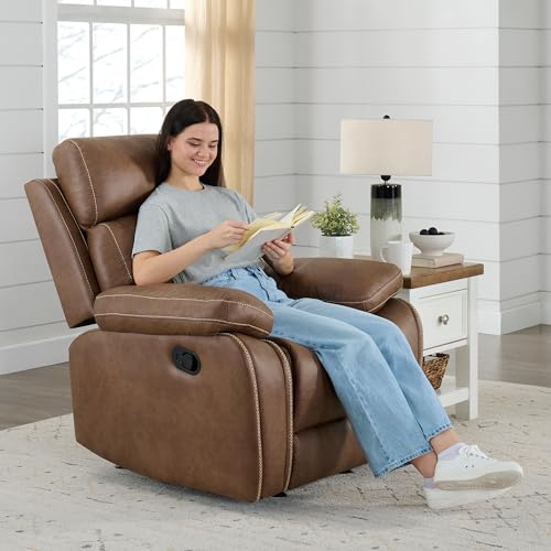 Leather Recliner Chair with Overstuffed Arm, Brown O410055