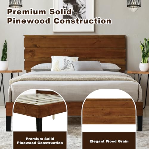 Solid Wood Bed Frame Queen Size Platform Bed with Headboard, Brown L841030