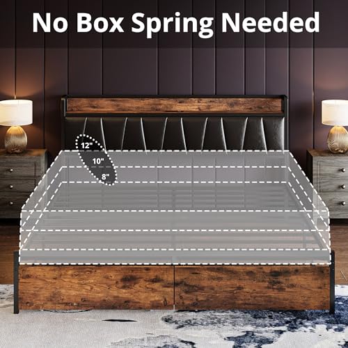 Full Size Bed Frame with Storage Headboard and Drawers, No Box Spring Needed C521