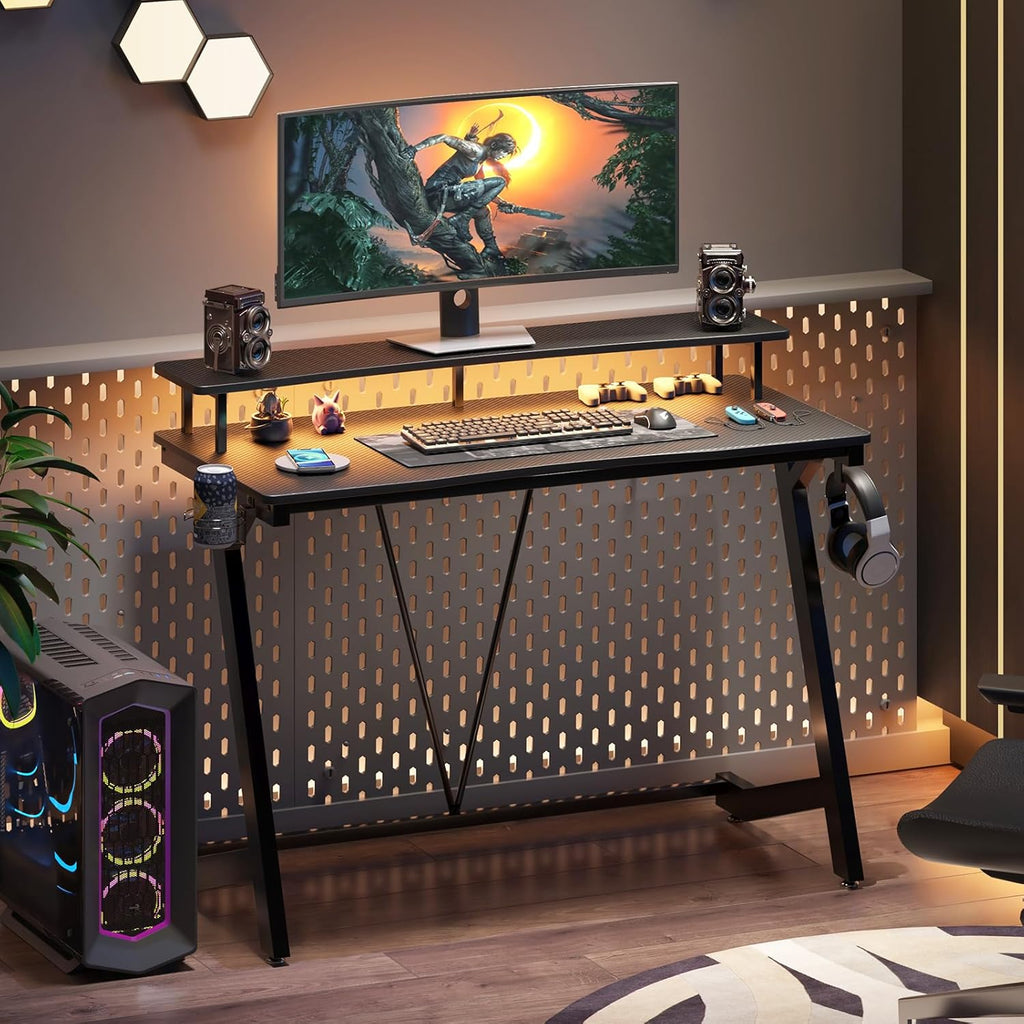 Gaming Desk with Power Outlets & Music Strip Lights, Computer Desk with Monitor Stand N505419